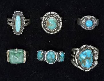 6 Sterling Beautiful Turquoise Rings