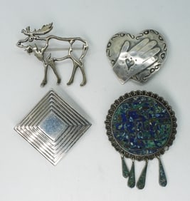 Taxco 925 Inlay Brooch & 3 Others