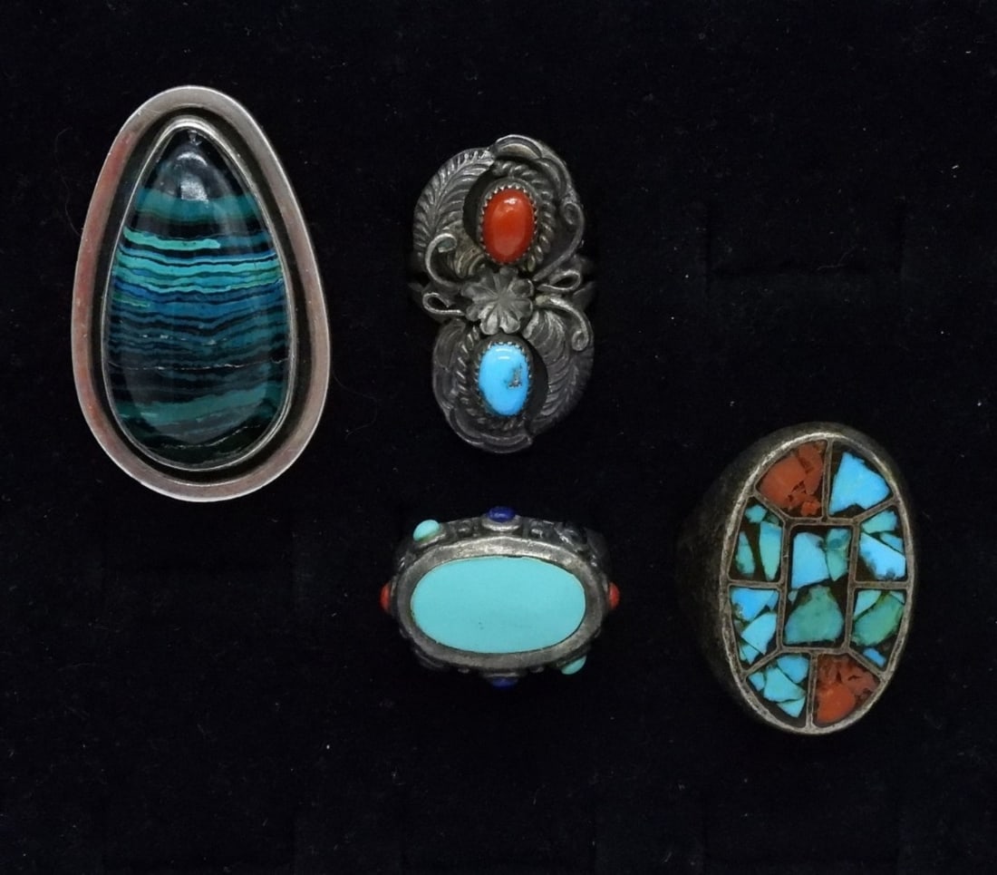 Turquoise & Malachite Sterling Rings: Four sterling rings with turquoise & malachite gemstones. Sizes 6-10 (35 dwt)