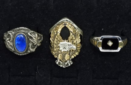 3 Sterling Men's Rings, Onyx & Lapis Lazuli