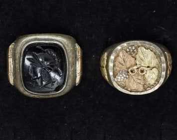 Two Sterling Onyx & 10k Men's Rings