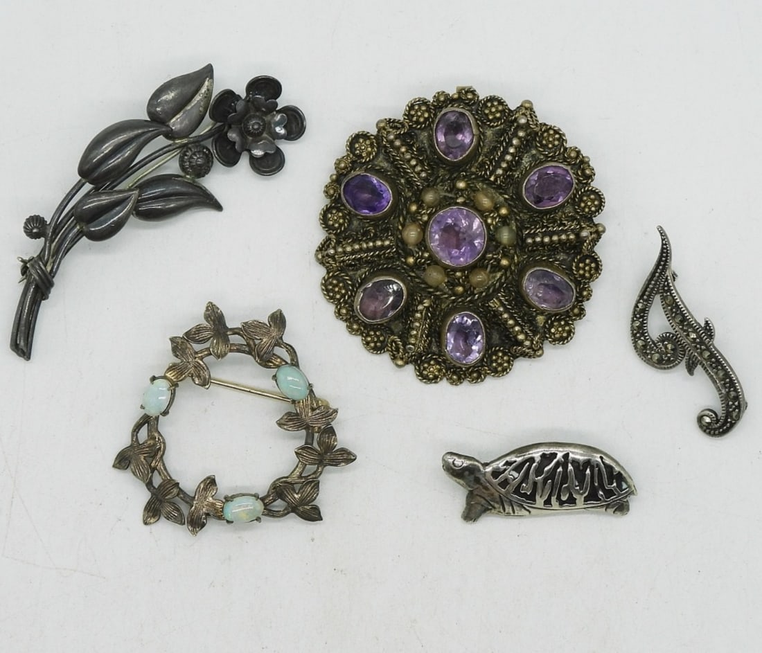 5 Sterling Gemstone Brooches (1 of 2)