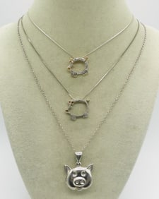 3 Sterling Pig Necklaces