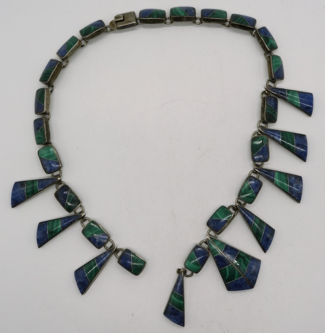 Large Heavy Taxco Malachite Lapis Necklace: BROKEN! Easily fixed! Taxco sterling necklace with inlaid malachite and lapis lazuli, 18". TC-254 Mexico (85 dwt)
