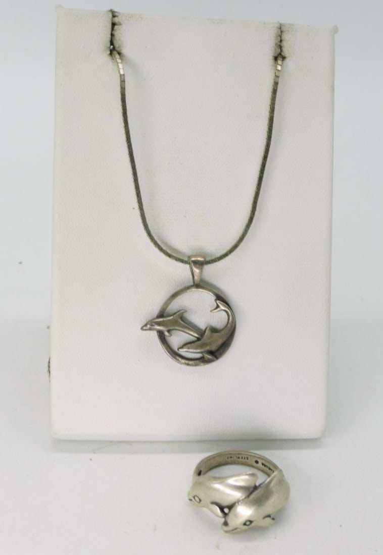 Dolphin Necklace & Ring - Sterling: Sterling dolphin necklace, 20" and a ring size 6. (7.4 dwt)