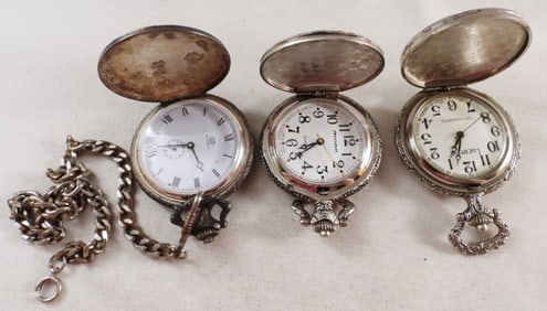 (3) Ornate Silver-Tone Pocket Watches