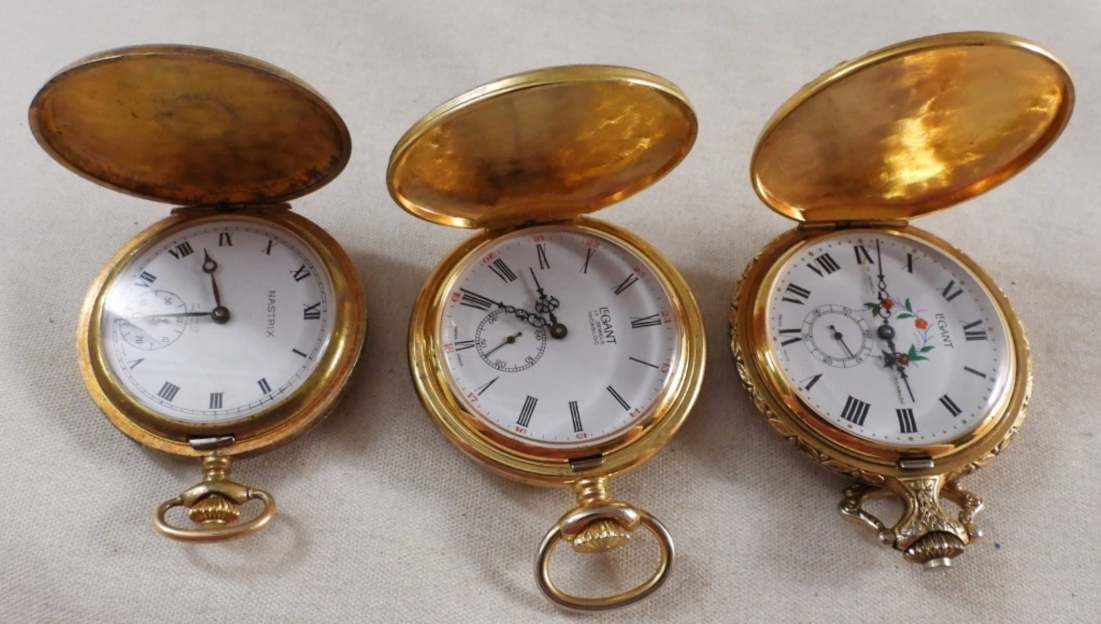 (3) Gold-Tone Pocket Watches Hunter: Watches are not verified, authenticated, or tested in running condition unless specified, different brands