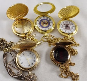 (5) Gold-Tone Pocket Watches With Chains