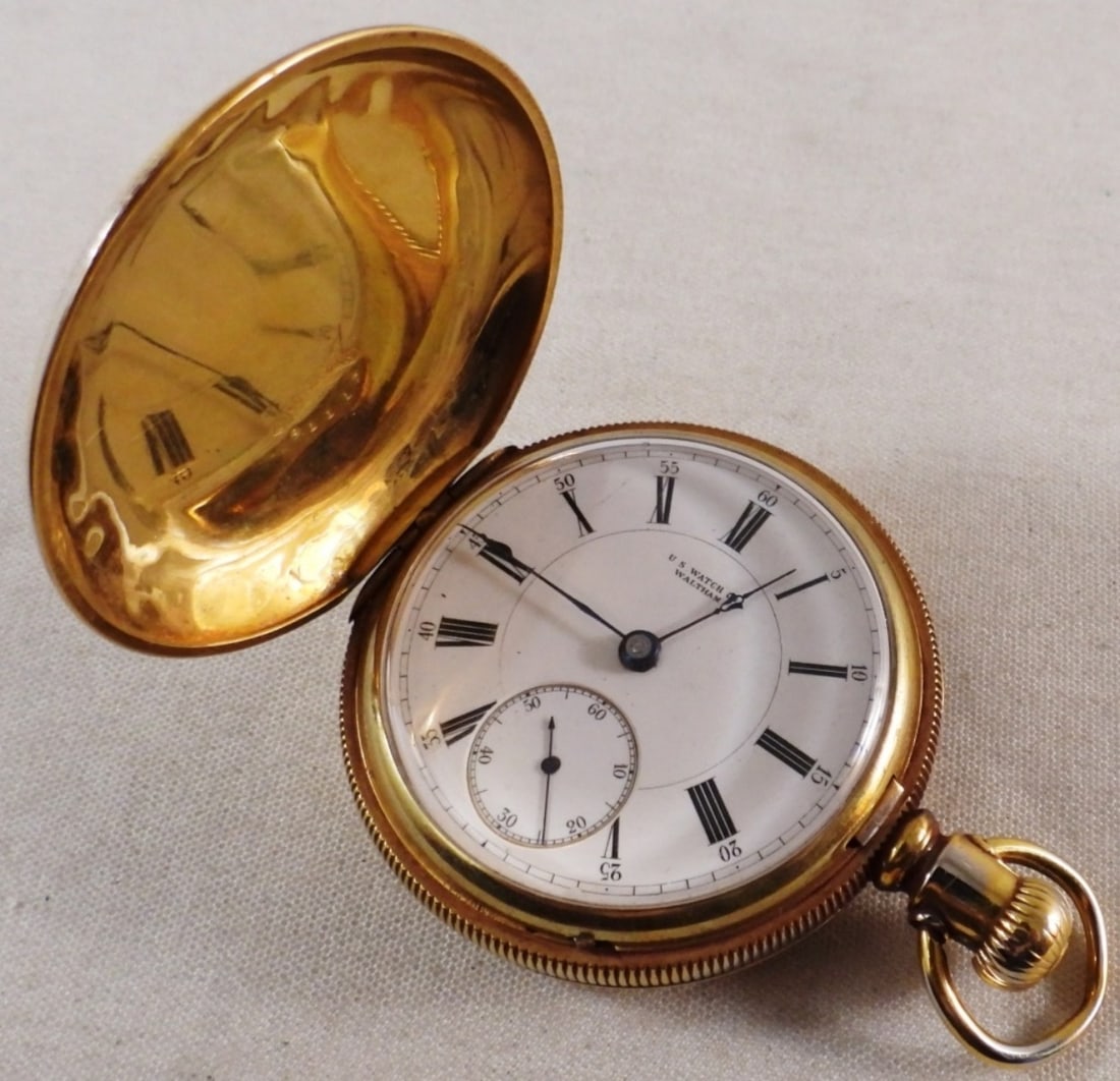 Circa 1859 Gold-Tone Pocket Watch: Watches are not verified, authenticated, or tested in running condition unless specified, Waltham, movement No. 23313, hunter style, front does not stay latched