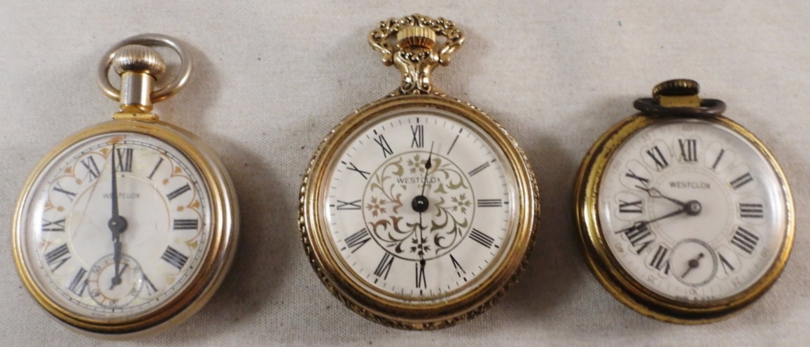 (3) Westclox Pocket Watches: Watches are not verified, authenticated, or tested in running condition unless specified, gold-tone, open face