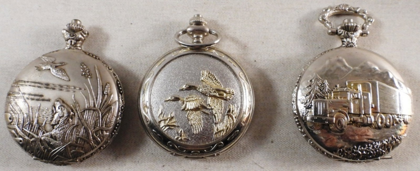 (3) Silver-Tone Pocket Watches: Watches are not verified, authenticated, or tested in running condition unless specified, ornate, hunter style