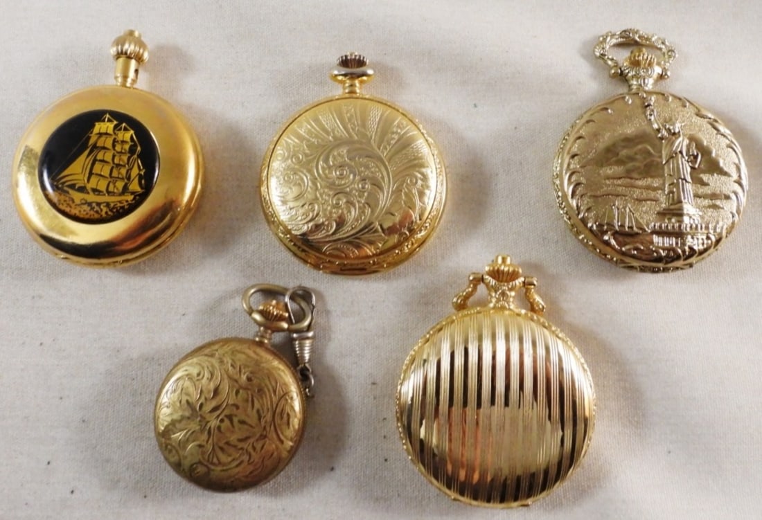 (5) Gold-Tone Hunter Pocket Watches: Watches are not verified, authenticated, or tested in running condition unless specified, different brands