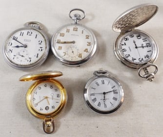 (5) Silver-Tone Pocket Watches