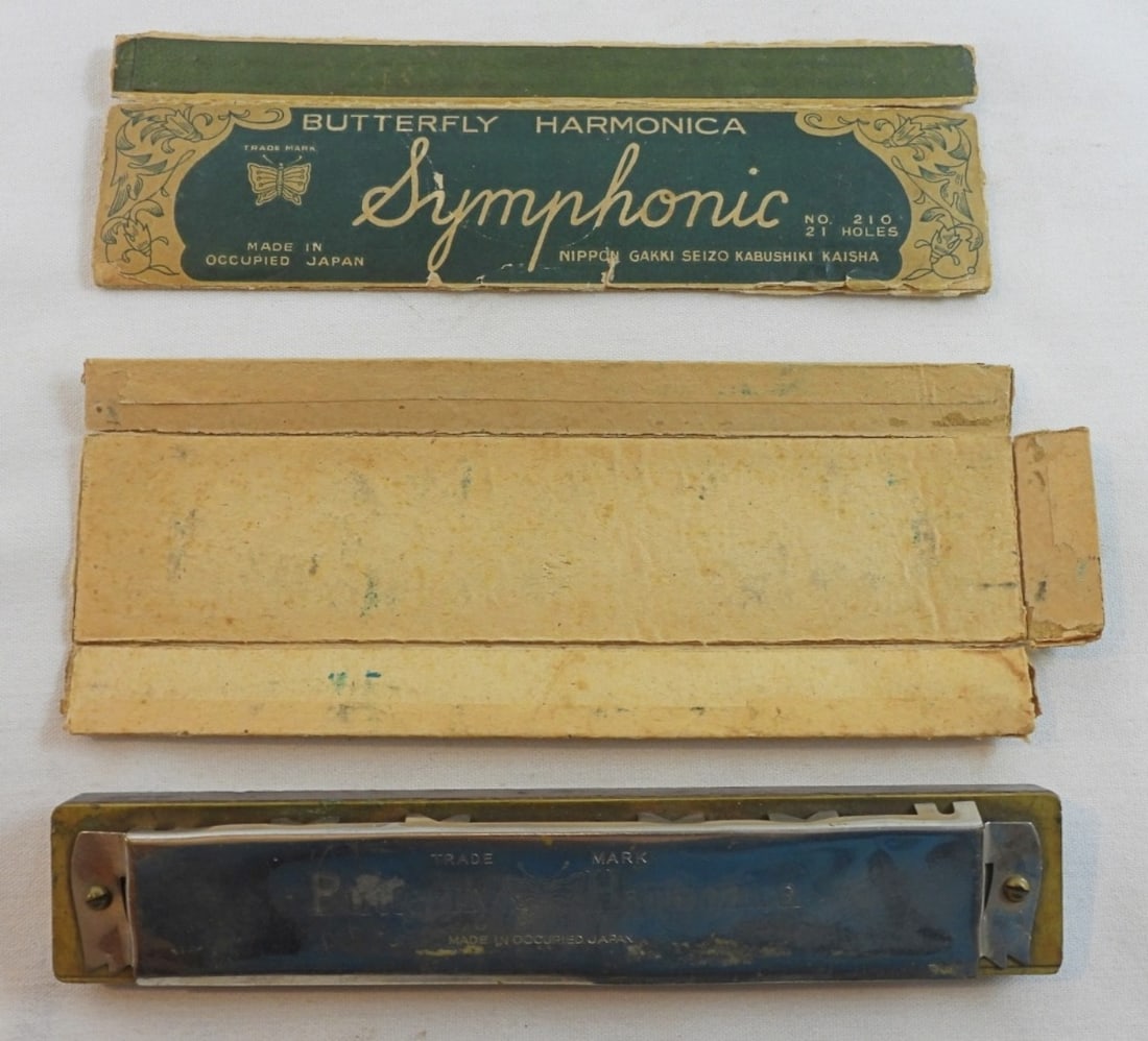 Butterfly Harmonica Made In Occupied Japan: Butterfly harmonica post-war occupied Japan, with original box, box is in rough shape