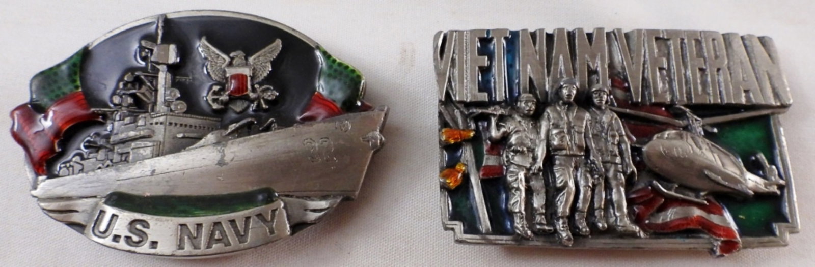 Bergamot Brass Works Belt Buckles: 1981 United States Navy, and 1983 Vietnam Veteran