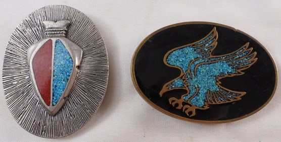 (2) Belt Buckles With Turquoise Inlay