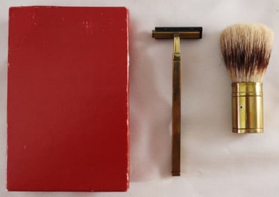 Gold-Tone Razor & Foam Brush In Box
