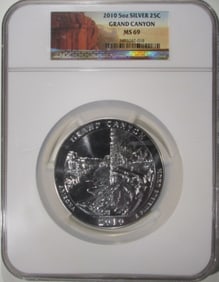 2010 5oz Silver Grand Canyon Coin, NGC MS-69