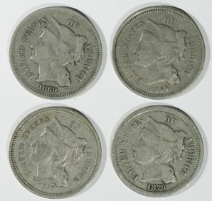 (4) Average Circ 3 Cent Nickels