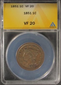 1851 Large Cent, ANACS VF-20
