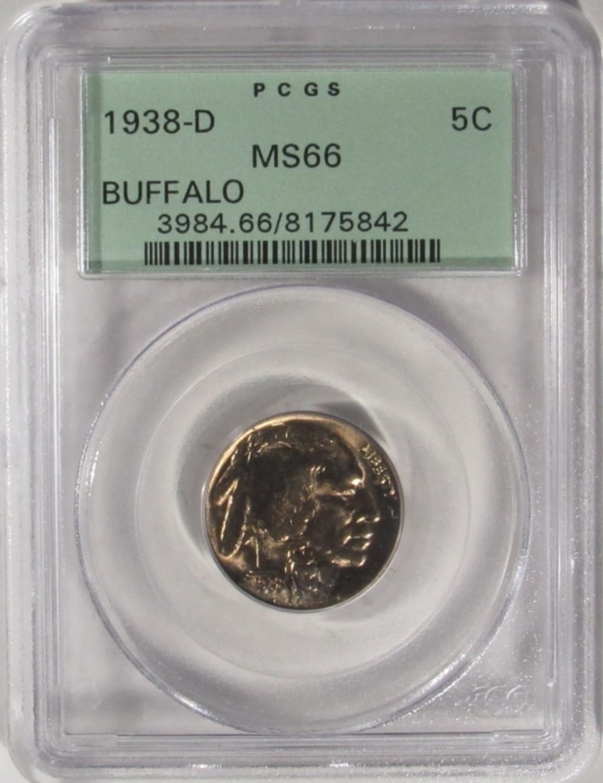 1938-D Buffalo Nickel, PGSC MS-66: Old green holder