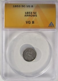 1853 Arrows Half Dime, ANACS VG-8