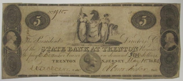 1822 $5 Obsolete Note State Bank of Trenton, NJ