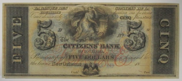 1860s $5 Obsolete Note Citizens Bank of Louisiana