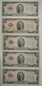 (5) 1928 $5 Red Seals- Better Grades