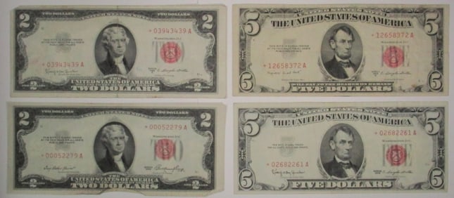 (4) Red Seal Star Notes- 2- $5 & 2- $2