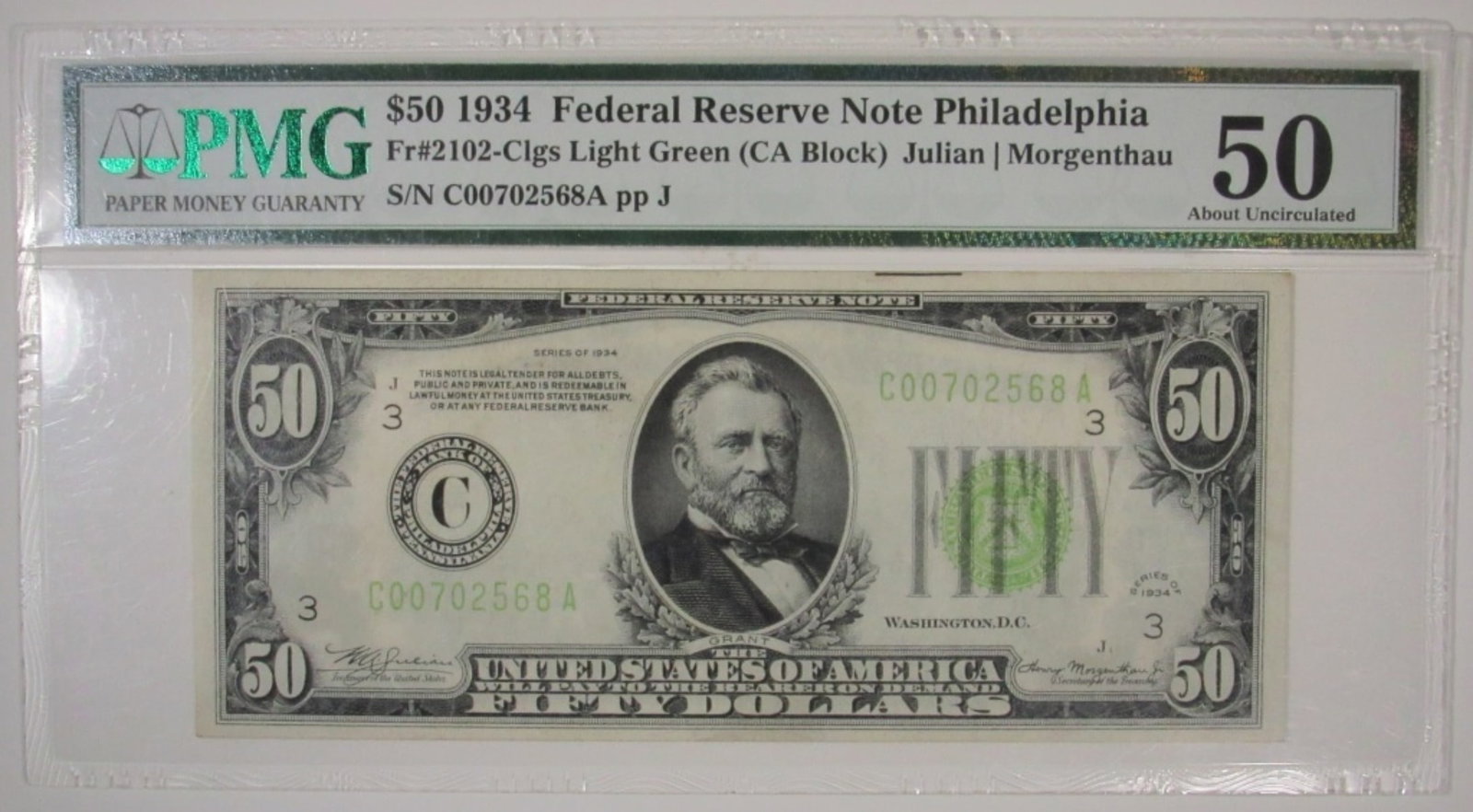 1934 $50 FRN Philadelphia, PMG AU50: Fr#2102-Clgs Light Green (CA Block) Julian/Morgenthau S/N C00702568A pp J