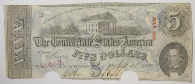 1863 Cancelled $5 Confederate Note
