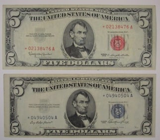 (2) $5 Star Notes- 1 Red Seal & 1 Silver Cert