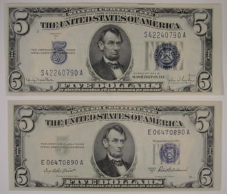 1934D & 1953A $5 Silver Certs- Better Grades
