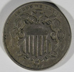 1867 Shield Nickel No Rays