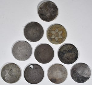 (10) Cull 3 Cent Silver Coins