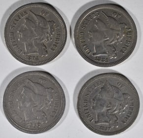 (4) Average Circ 3 Cent Nickels
