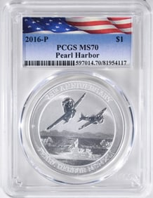 2016-P Tuvalu 1oz Silver Pearl Harbor, PCGS MS-70