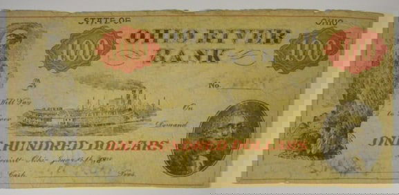 1838 $100 Obsolete Note Ohio River Bank
