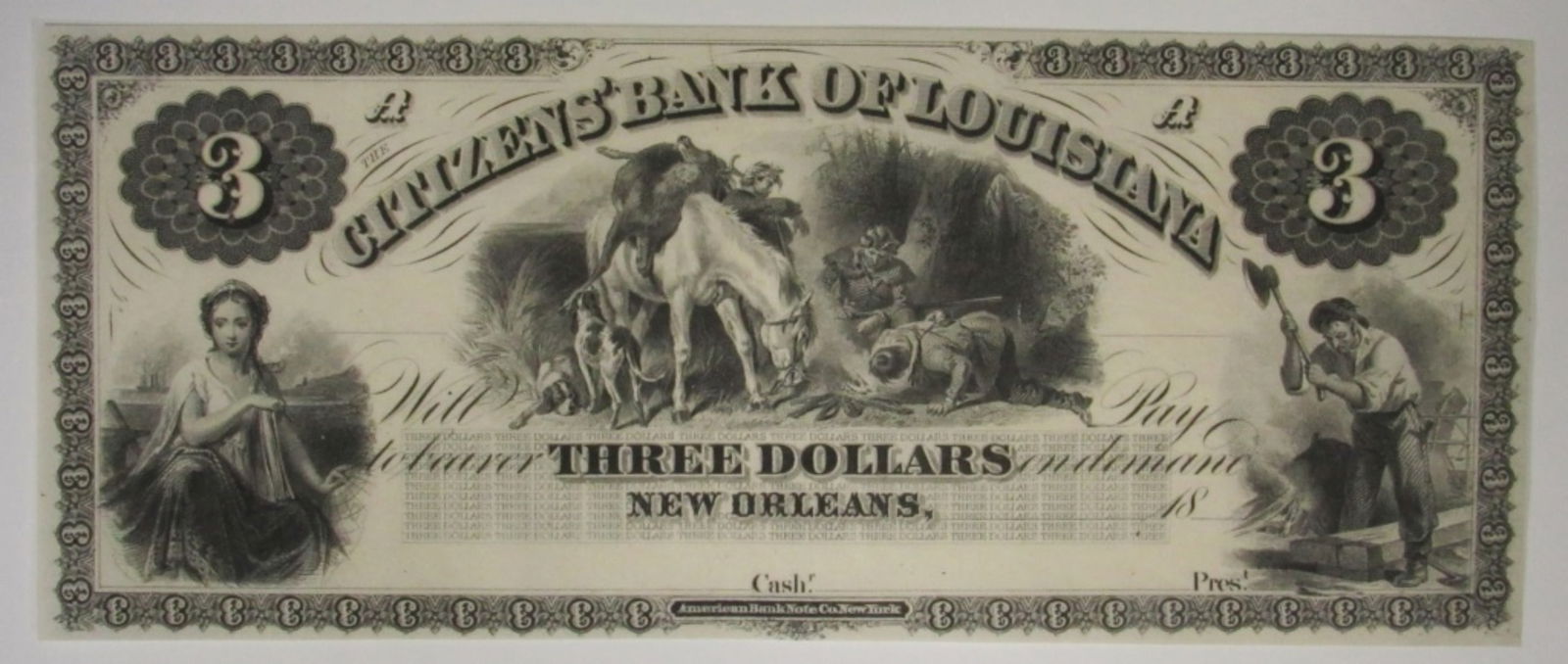 1860s $3 Obsolete Note Citizens Bank of LA (1 of 2)