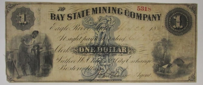 1867 $1 Obsolete Note Bay State Mining Co.