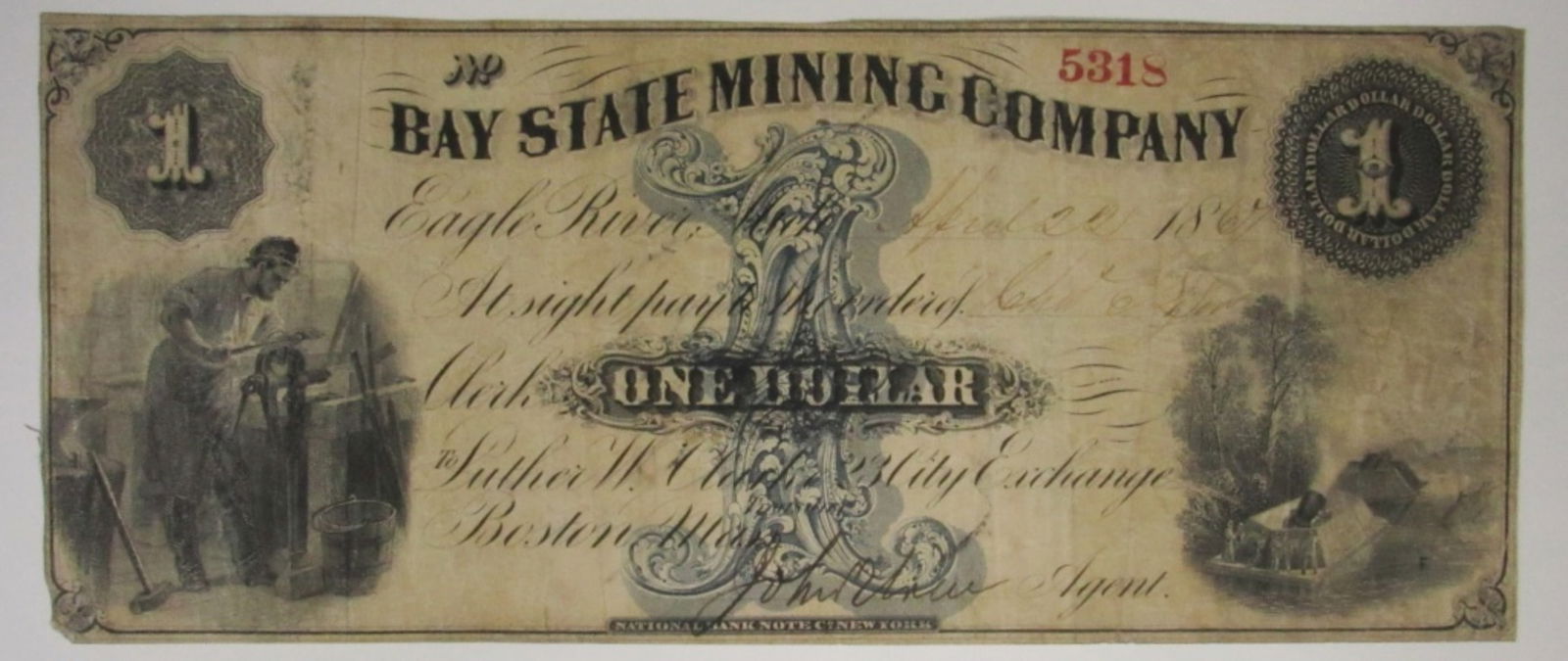 1867 $1 Obsolete Note Bay State Mining Co. (1 of 2)