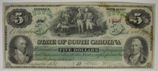 1872 $5 Obsolete Note State of South Carolina