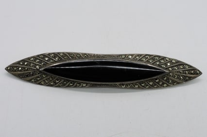 Vintage 925 Black Onyx Marcasite Brooch