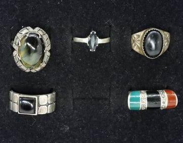 5 Sterling Black & Green Onyx Rings