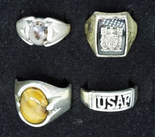 Four Sterling Men's Gemstone Rings