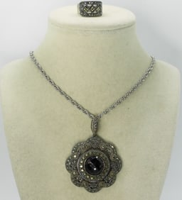 Vintage Sterling Marcasite Necklace & Ring