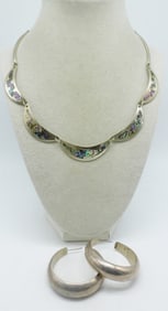 Taxco 925 Hoop Earrings, Inlay Necklace