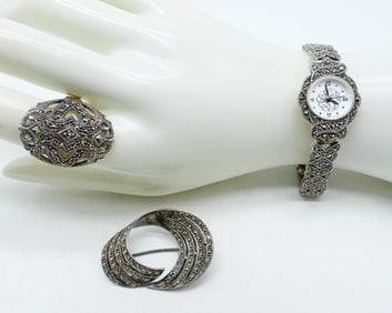 Sterling Marcasite Watch, Ring & Pin
