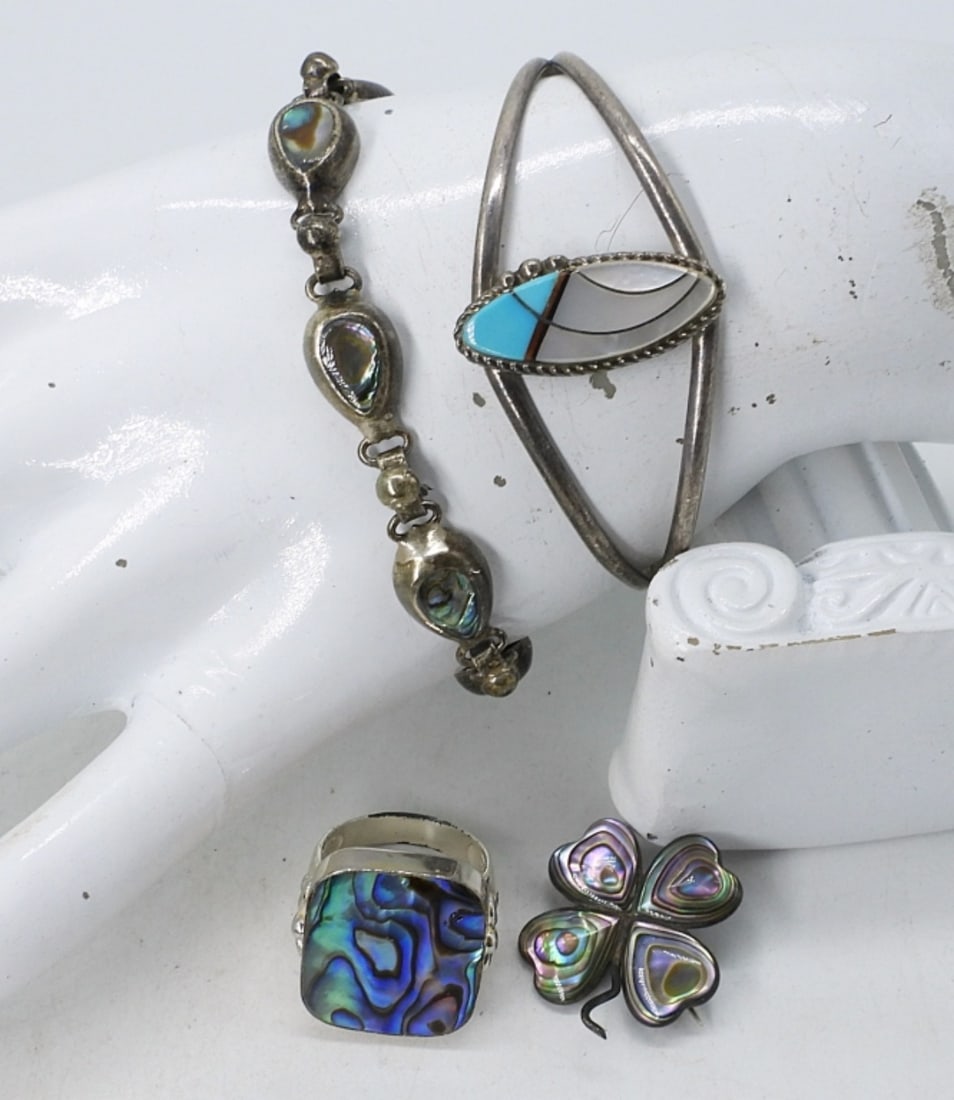 Abalone Sterling Turquoise Jewelry: Vintage sterling abalone bracelet, 7". Abalone four leaf clover pin, 1". Abalone ring, size 7.5. Cuff Bracelet with Mother of Pearl and turquoise gemstones. (28.3 DWT)